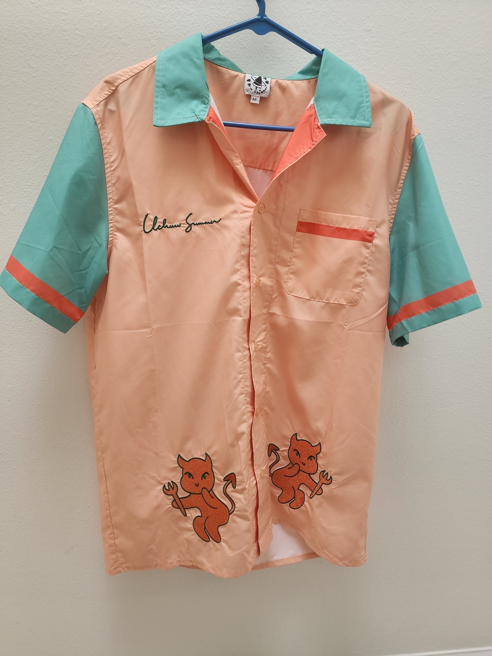 Uchuu summer Peach & Mint Short Sleeve Shirt with Devil Embroidery